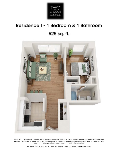 Floor plan for 1 bed, 1 bath, 525 sqft